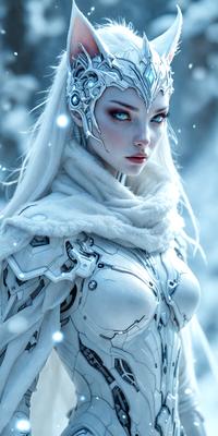The primary subject of the image is a woman with white hair, wearing a white outfit and a white scarf. She is standing in a snowy environment, which serves as the setting for the scene. The visual style of the image is digital art, as it is a detailed and intricate illustration of the woman. The colors and mood of the image are predominantly white, giving it a clean and serene atmosphere.